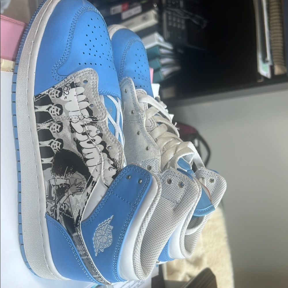 Blue and White Sneakers with Graphic Design